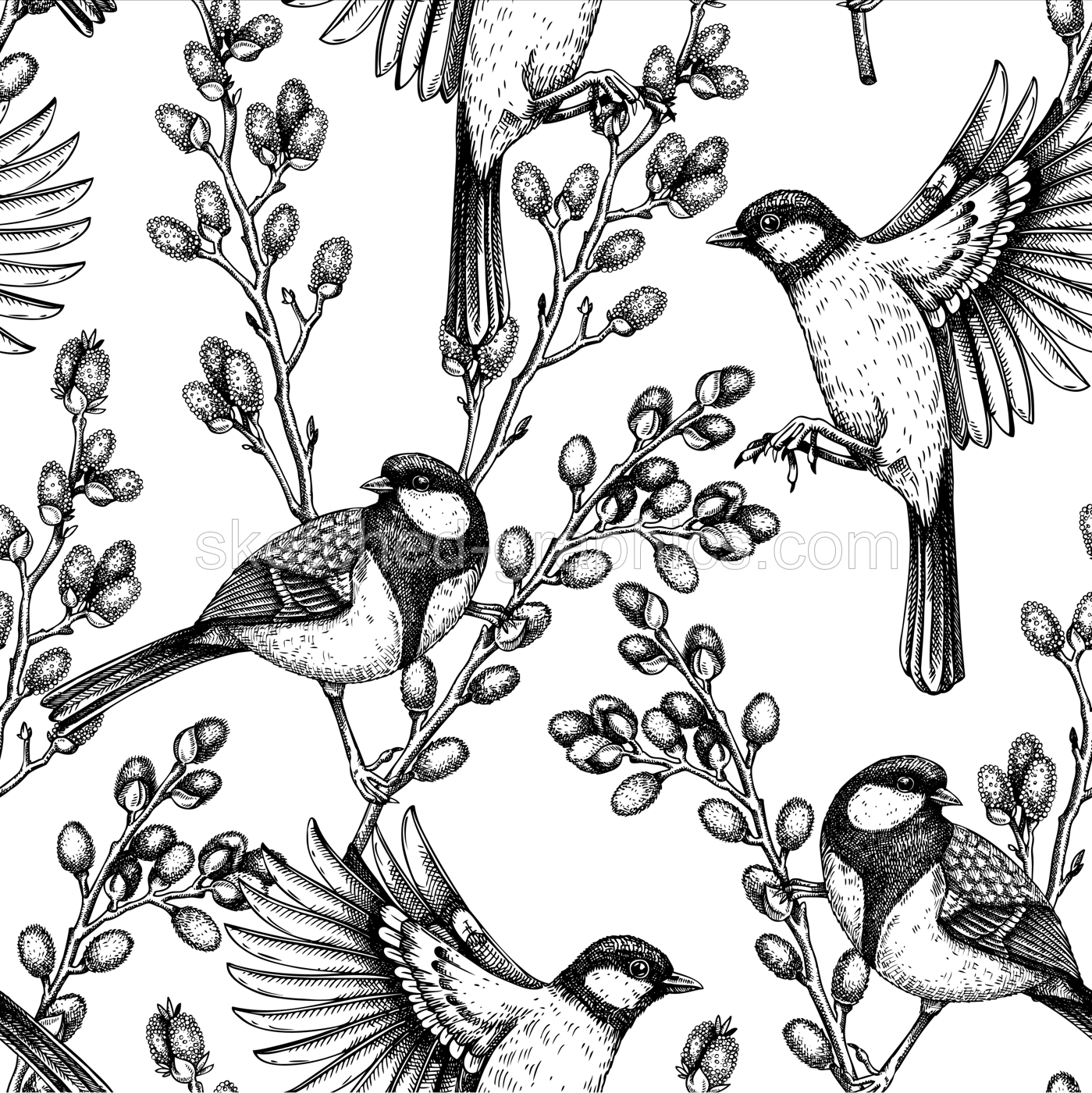 Delicate spring background. Great tits on willow branches in sketched style. Hand drawn passerine bird and flowers seamless pattern. Hand drawn wildlife design for textile, packaging, fabrics, prints Illustration